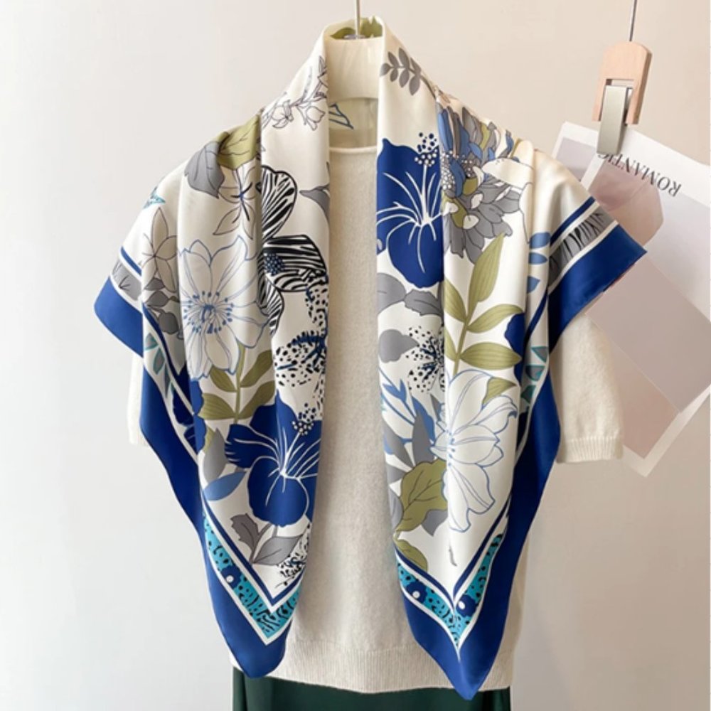 🍏50% OFF/3+...Silk-Feel Floral Square Scarf (Blue)